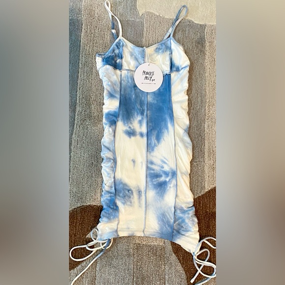 NWT Princess Polly Milan Ruched Bodycon Mini Dress in Blue Tie Dye. - Picture 2 of 11
